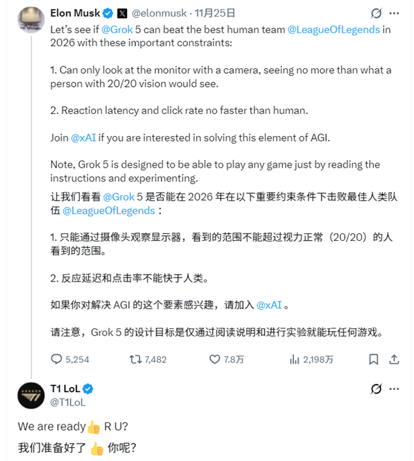 AI挑战世界最强LOL战队：T1答应与马斯克Grok 5对战！