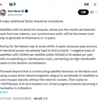 马斯克“太空AI”设想：每年发射1百万吨AI卫星、建设月球卫星工厂
