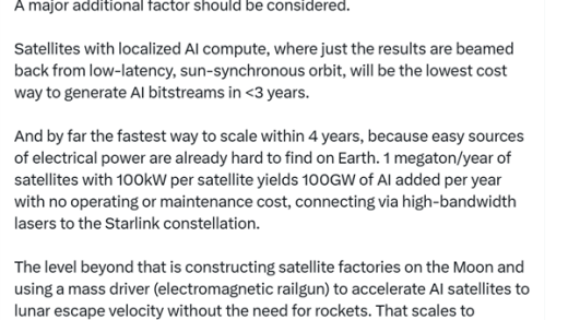 马斯克“太空AI”设想：每年发射1百万吨AI卫星、建设月球卫星工厂