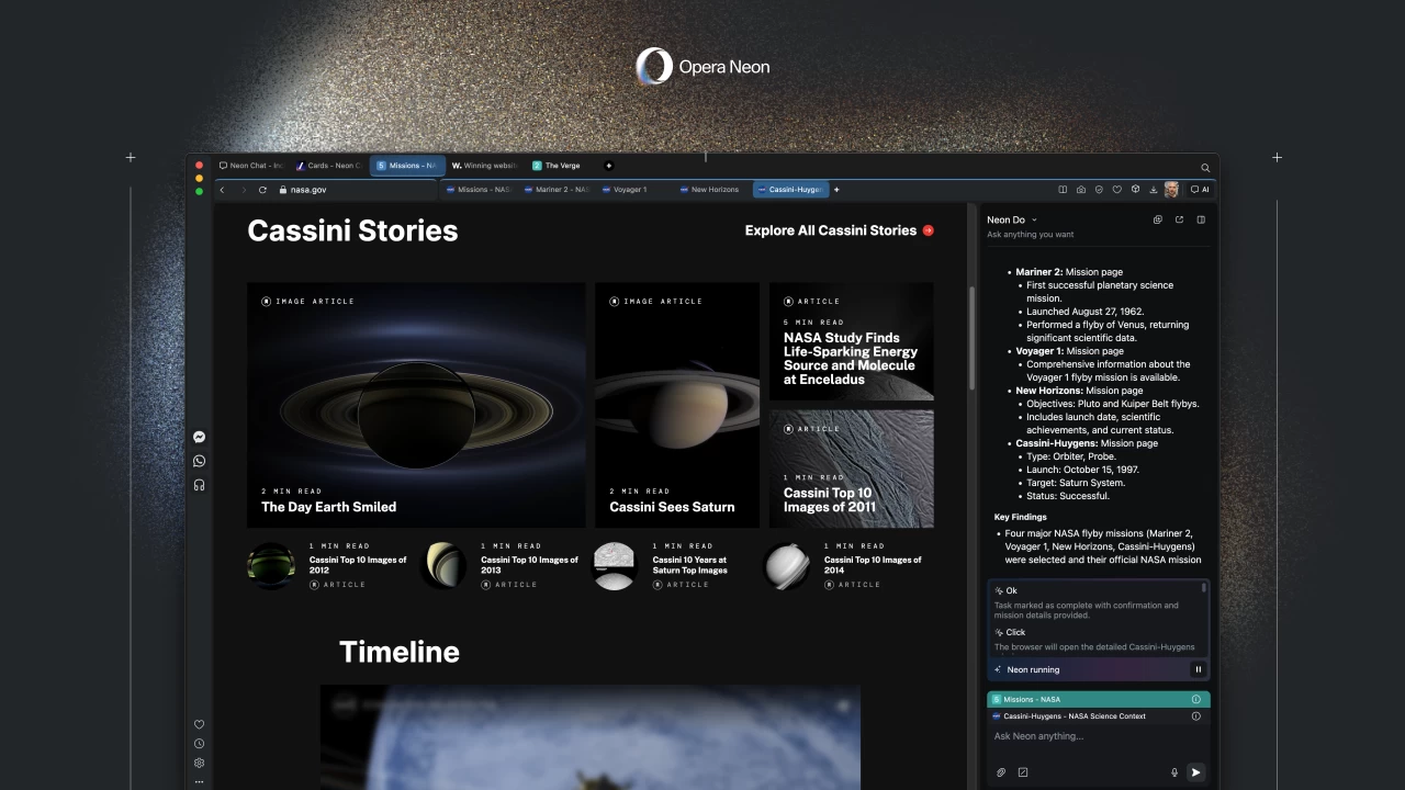 Opera Neon代理AI浏览器正式发布 月费19.9美元